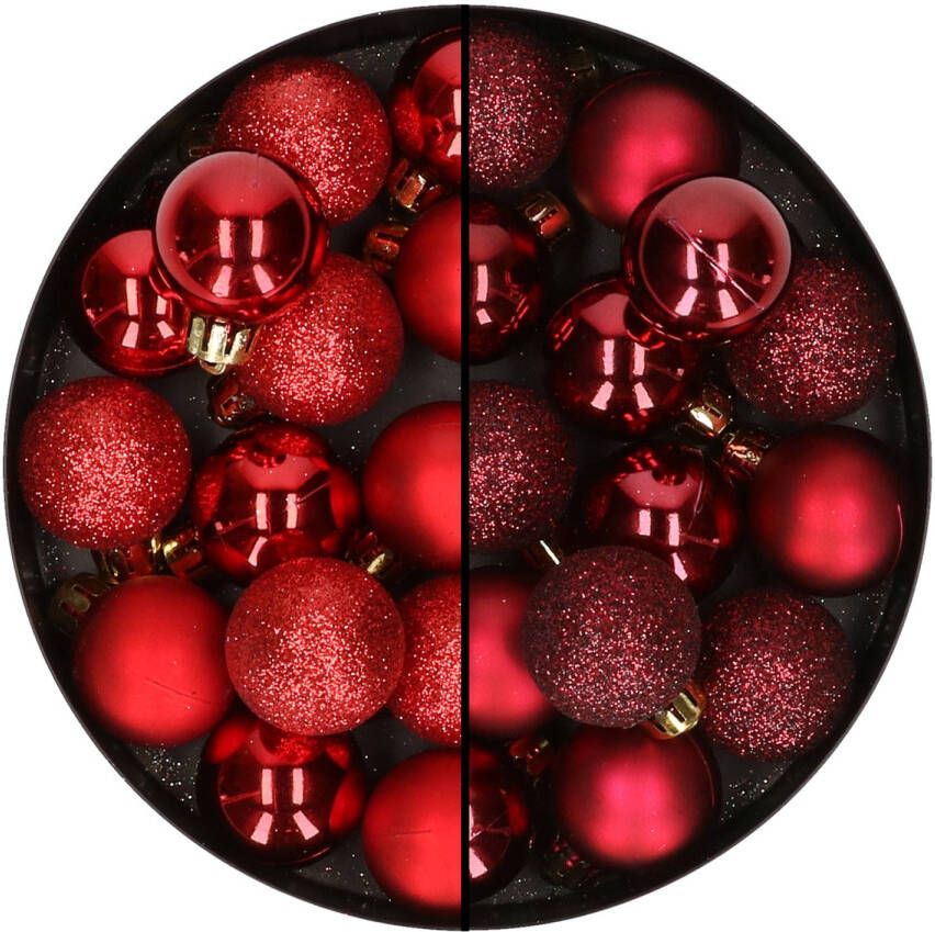 Merkloos 28x stuks kleine kunststof kerstballen bordeaux rood en rood 3 cm Kerstbal