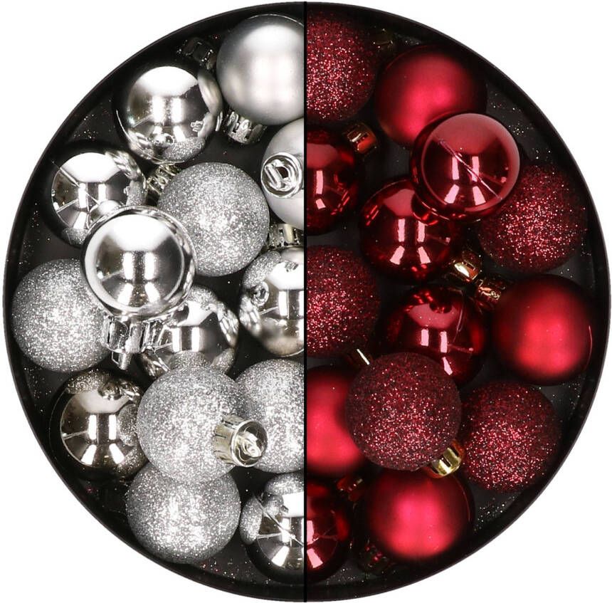 Merkloos 28x stuks kleine kunststof kerstballen bordeaux rood en zilver 3 cm Kerstbal
