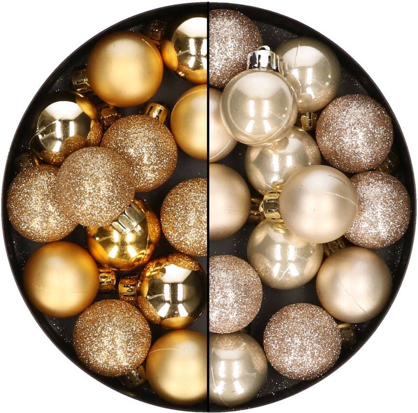 Merkloos 28x stuks kleine kunststof kerstballen champagne en goud 3 cm Kerstbal