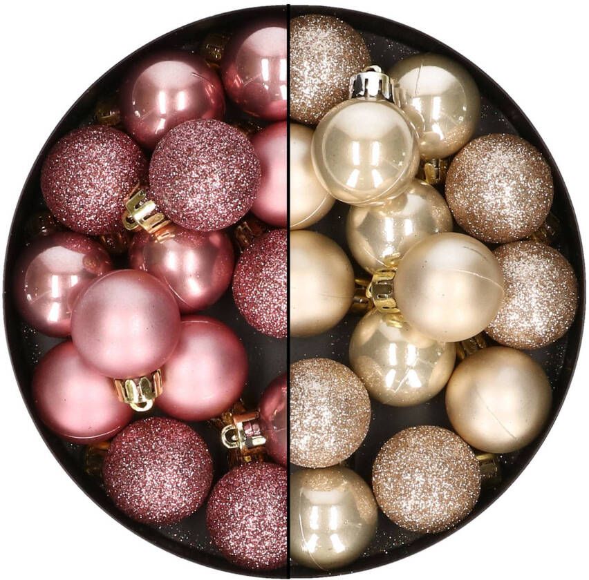 Merkloos 28x stuks kleine kunststof kerstballen champagne en oudroze 3 cm Kerstbal