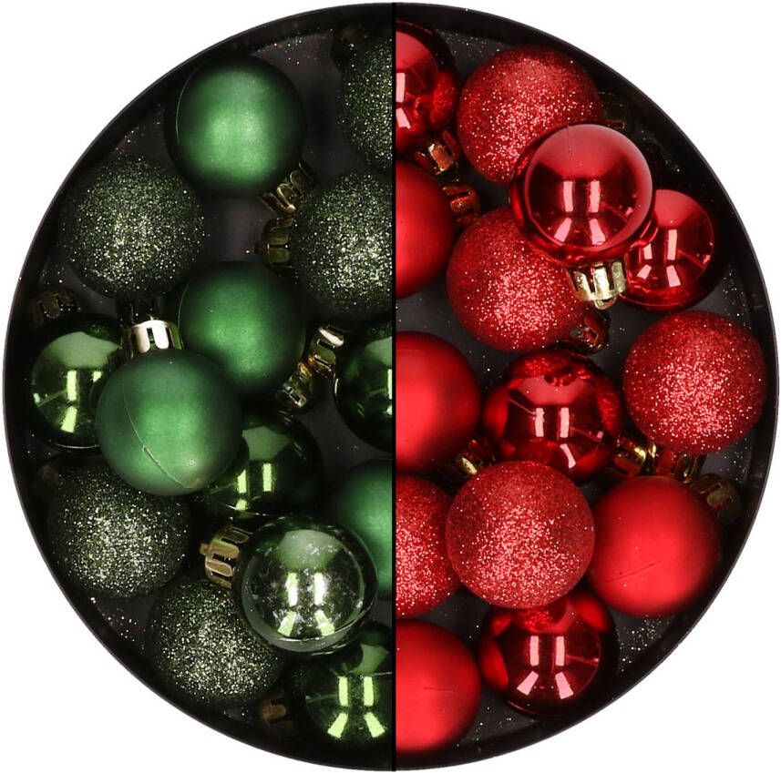 Merkloos 28x stuks kleine kunststof kerstballen dennengroen en rood 3 cm Kerstbal