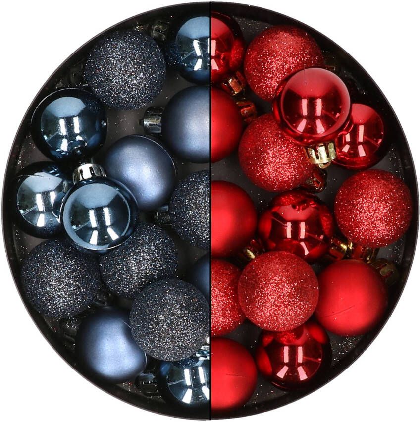 Merkloos 28x stuks kleine kunststof kerstballen donkerblauw en bordeaux rood 3 cm Kerstbal