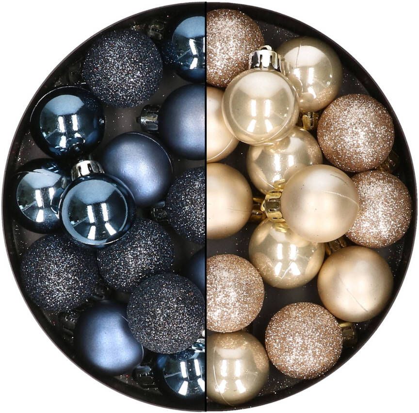 Merkloos 28x stuks kleine kunststof kerstballen donkerblauw en champagne 3 cm Kerstbal