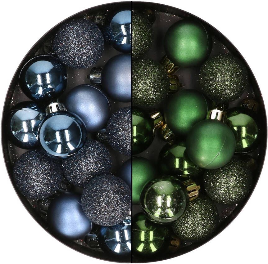 Merkloos 28x stuks kleine kunststof kerstballen donkerblauw en donkergroen 3 cm Kerstbal