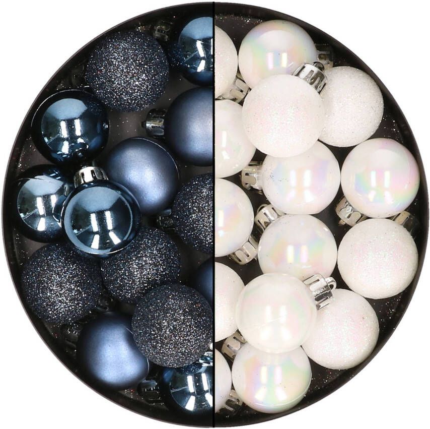 Merkloos 28x stuks kleine kunststof kerstballen donkerblauw en parelmoer wit 3 cm Kerstbal