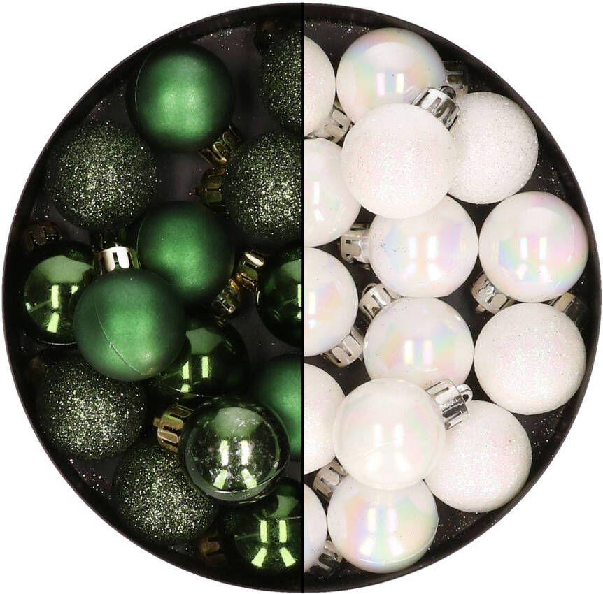 Merkloos 28x stuks kleine kunststof kerstballen donkergroen en parelmoer wit 3 cm Kerstbal