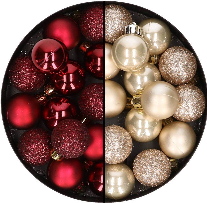 Merkloos 28x stuks kleine kunststof kerstballen donkerrood en champagne 3 cm Kerstbal