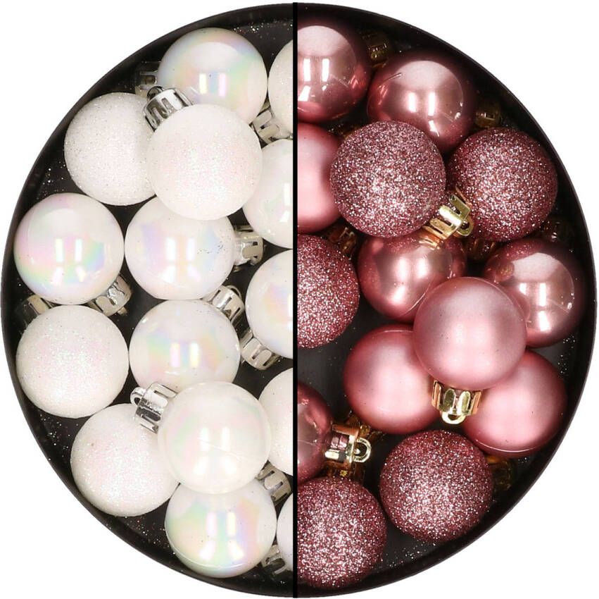 Merkloos 28x stuks kleine kunststof kerstballen dusty roze en parelmoer wit 3 cm Kerstbal