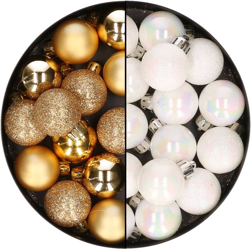 Merkloos 28x stuks kleine kunststof kerstballen goud en parelmoer wit 3 cm Kerstbal