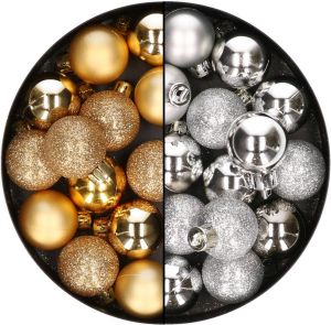 Merkloos 28x Stuks Kleine Kunststof Kerstballen Goud En Zilver 3 Cm Kerstbal