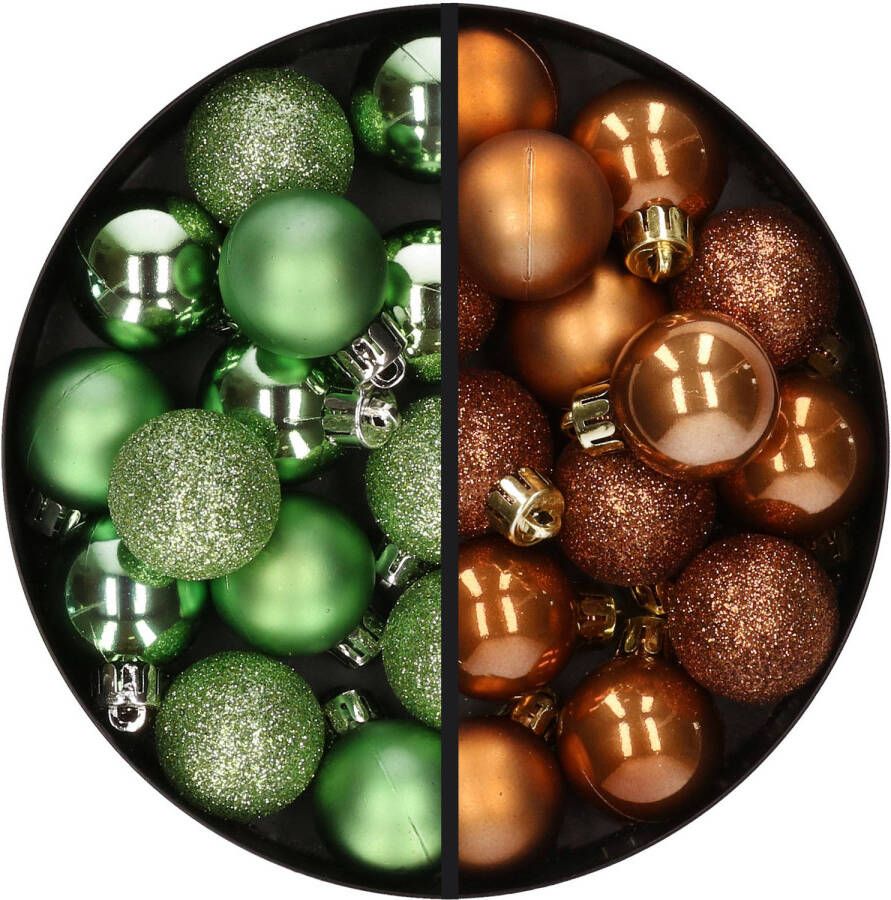 Merkloos 28x stuks kleine kunststof kerstballen groen en bruin 3 cm Kerstbal