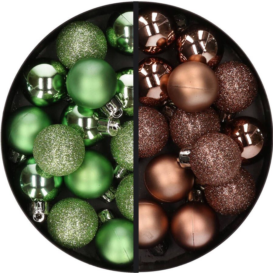 Merkloos 28x stuks kleine kunststof kerstballen groen en bruin 3 cm Kerstbal