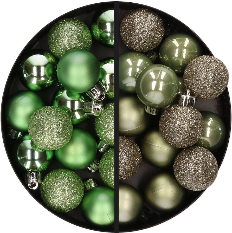 Merkloos 28x stuks kleine kunststof kerstballen groen en leger groen 3 cm Kerstbal