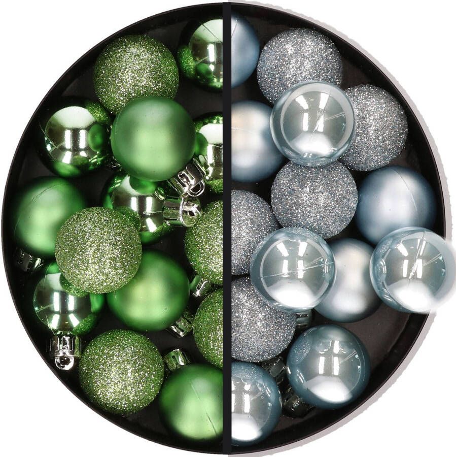 Merkloos 28x stuks kleine kunststof kerstballen groen en lichtblauw 3 cm Kerstbal