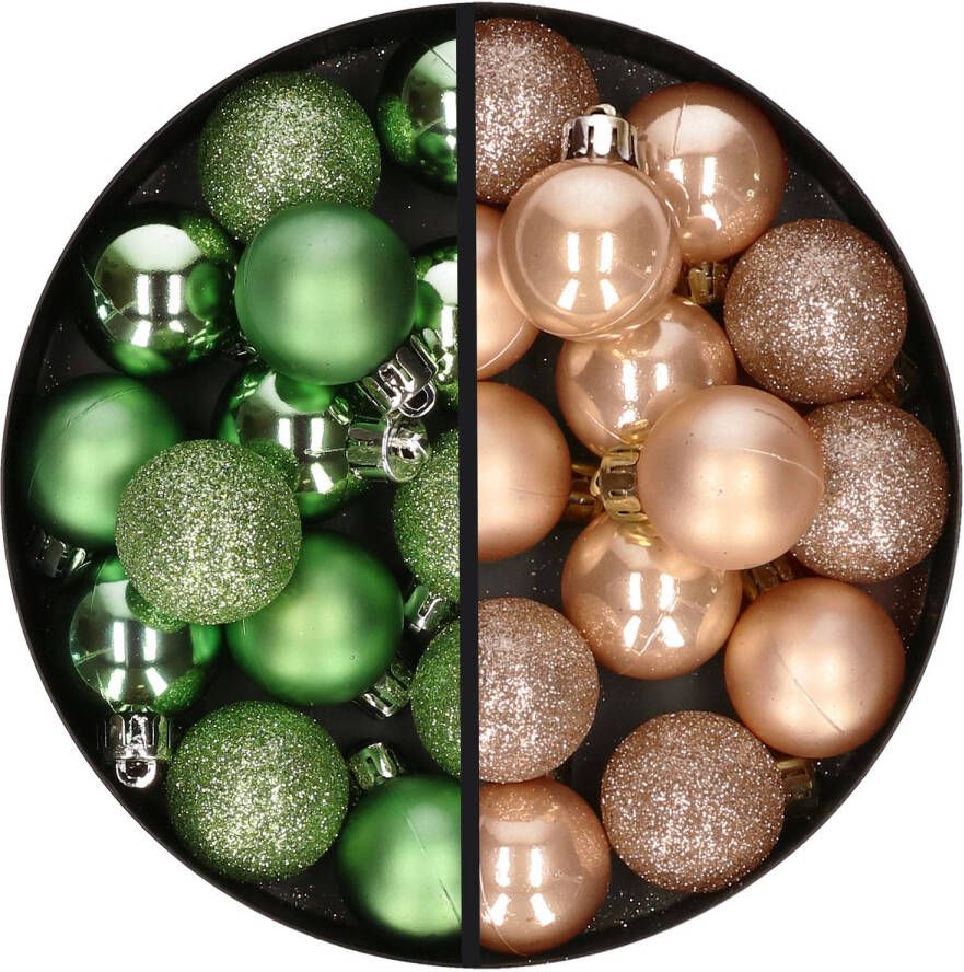Merkloos 28x stuks kleine kunststof kerstballen groen en lichtbruin 3 cm Kerstbal
