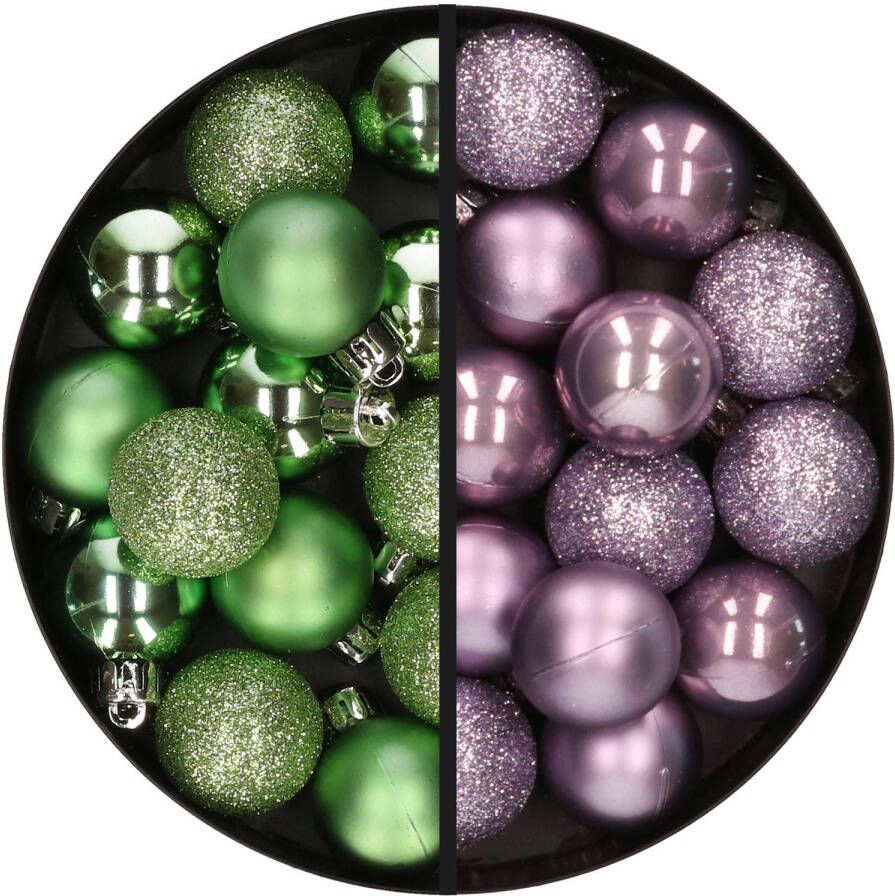 Merkloos 28x stuks kleine kunststof kerstballen groen en lila paars 3 cm Kerstbal
