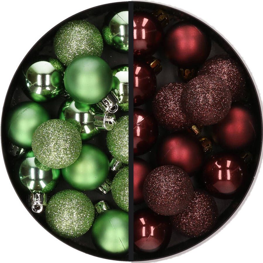 Merkloos 28x stuks kleine kunststof kerstballen groen en mahonie bruin 3 cm Kerstbal