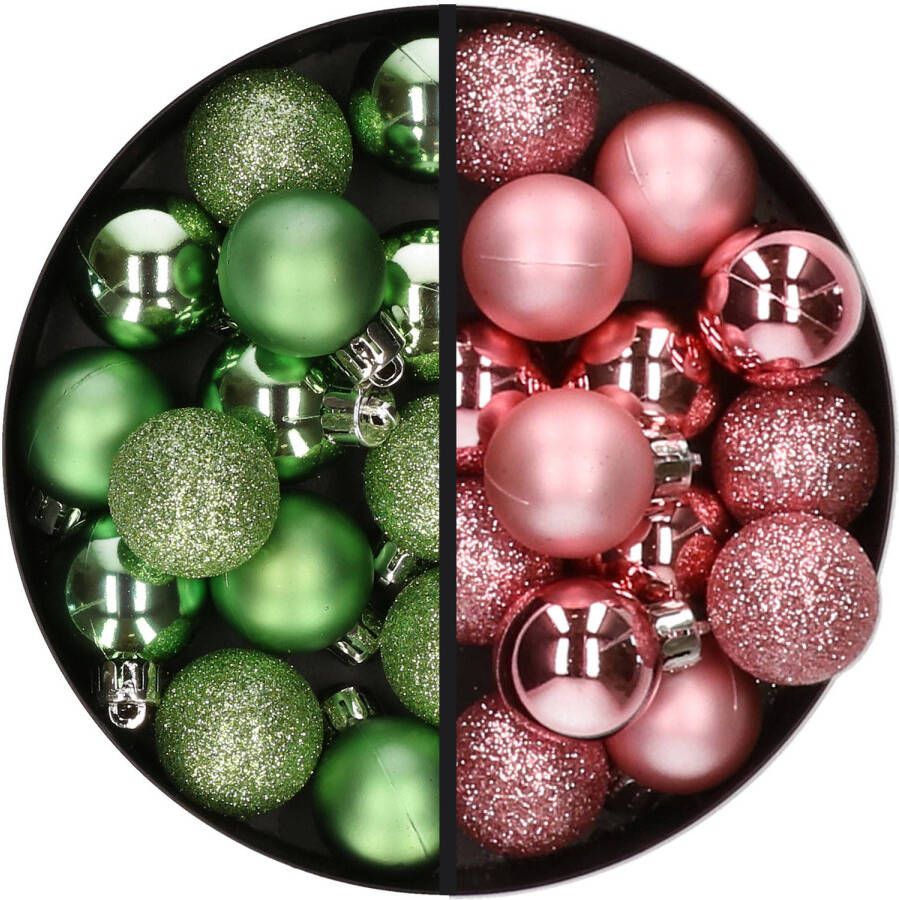 Merkloos 28x stuks kleine kunststof kerstballen groen en roze 3 cm Kerstbal