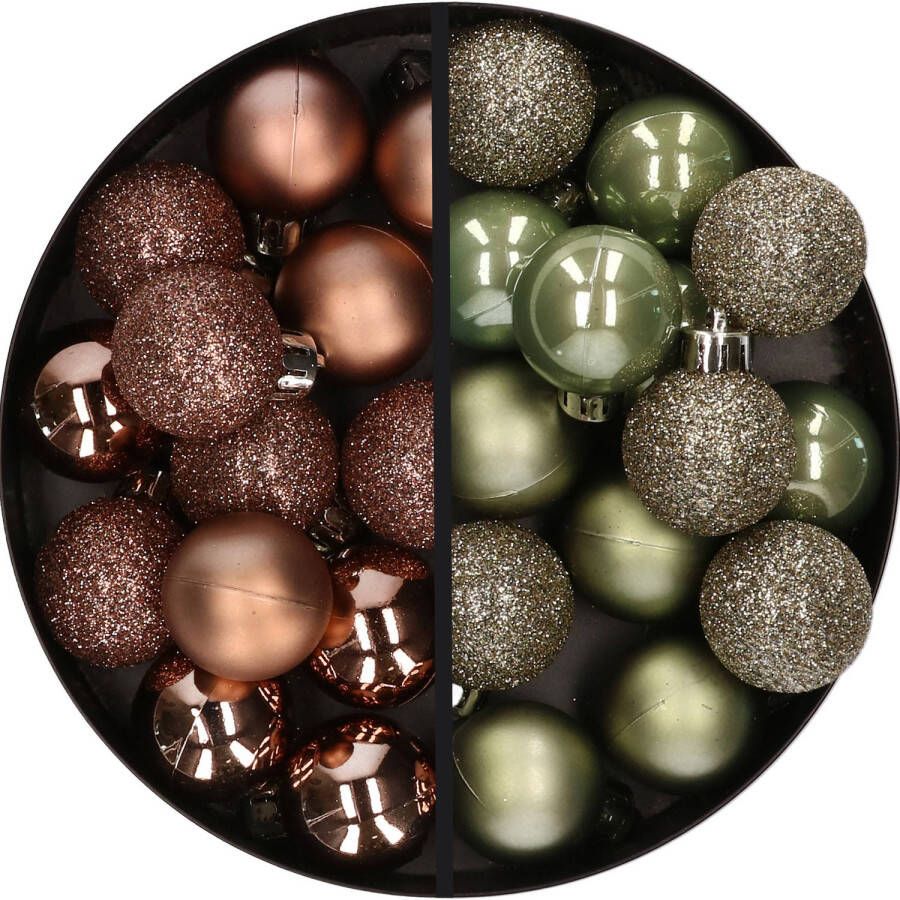 Merkloos 28x stuks kleine kunststof kerstballen legergroen en bruin 3 cm Kerstbal