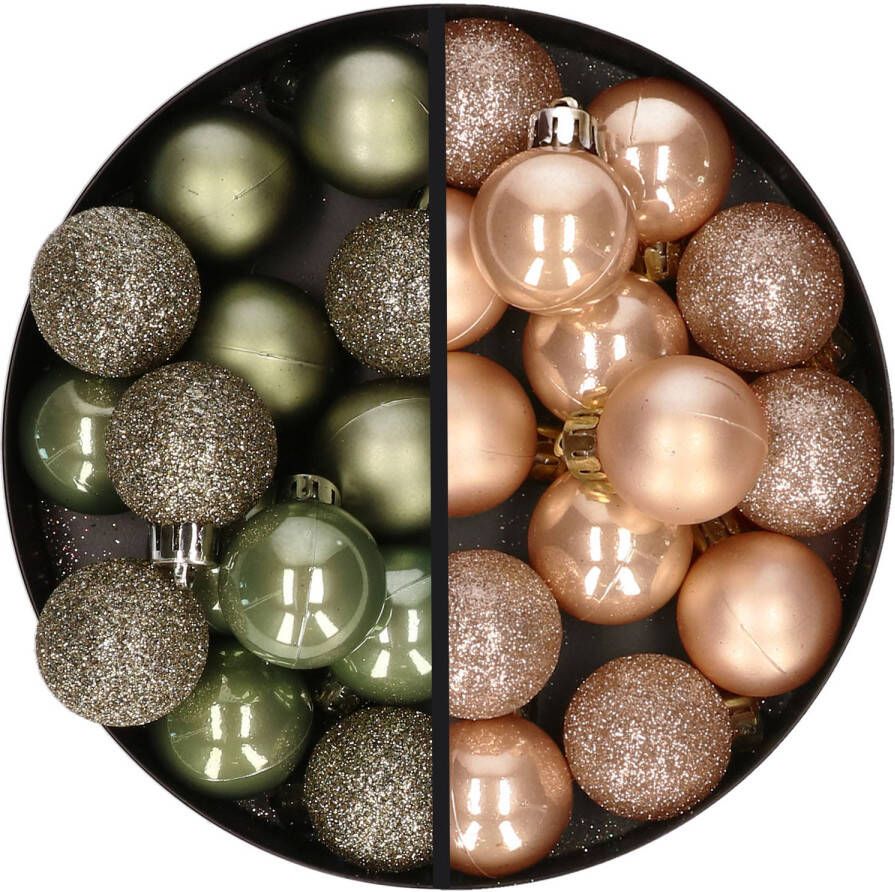 Merkloos 28x stuks kleine kunststof kerstballen legergroen en lichtbruin 3 cm Kerstbal