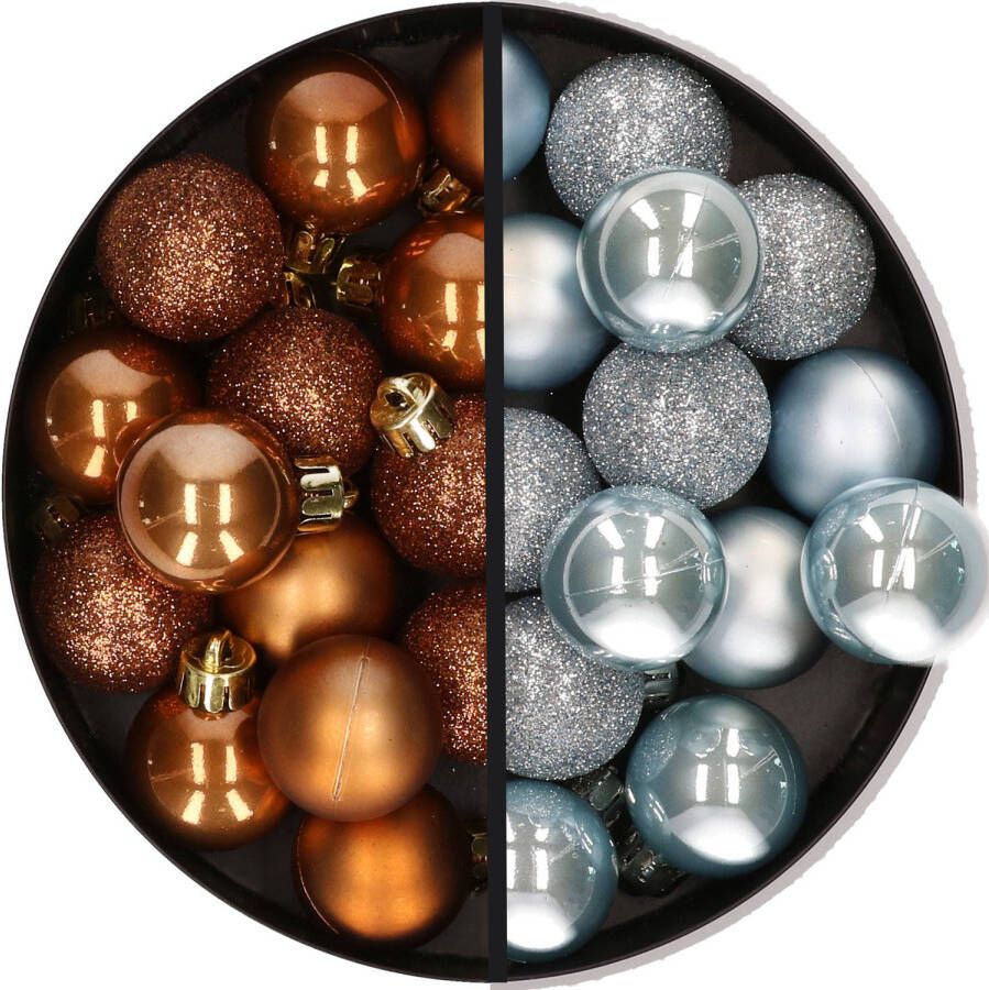 Merkloos 28x stuks kleine kunststof kerstballen lichtblauw en bruin 3 cm Kerstbal