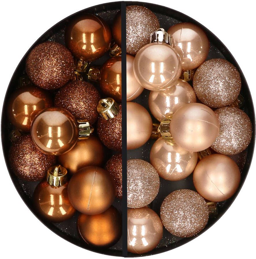 Merkloos 28x stuks kleine kunststof kerstballen lichtbruin en bruin 3 cm Kerstbal