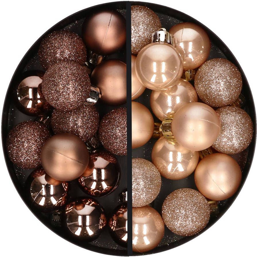 Merkloos 28x stuks kleine kunststof kerstballen lichtbruin en bruin 3 cm Kerstbal