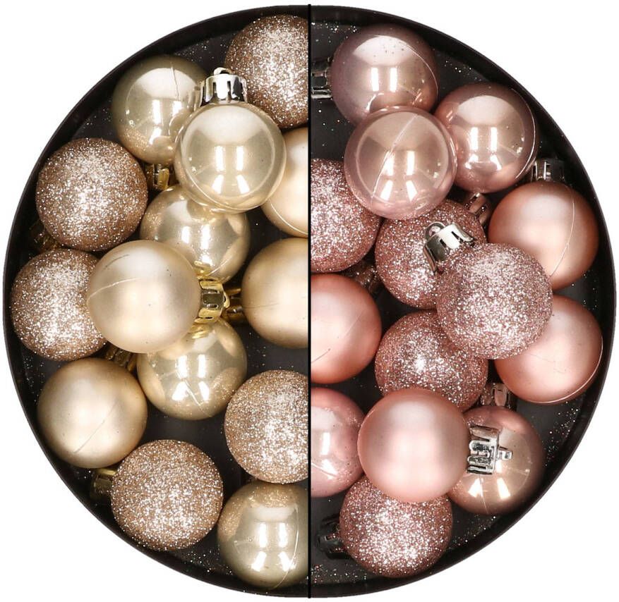 Merkloos 28x stuks kleine kunststof kerstballen lichtroze en champagne 3 cm Kerstbal