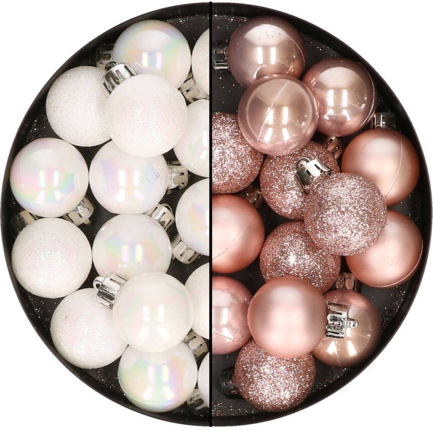 Merkloos 28x stuks kleine kunststof kerstballen lichtroze en parelmoer wit 3 cm Kerstbal
