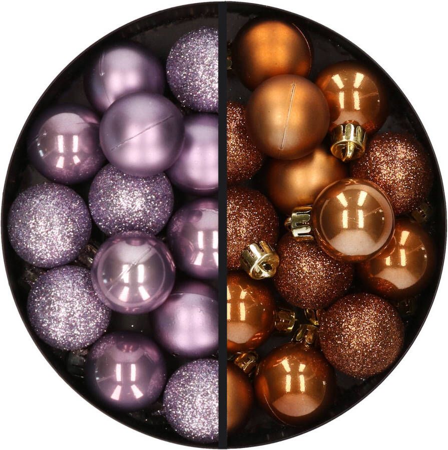 Merkloos 28x stuks kleine kunststof kerstballen lila paars en bruin 3 cm Kerstbal