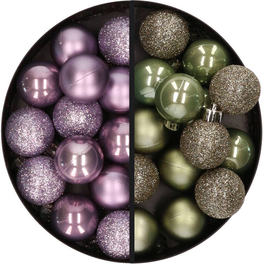 Merkloos 28x stuks kleine kunststof kerstballen lila paars en legergroen 3 cm Kerstbal