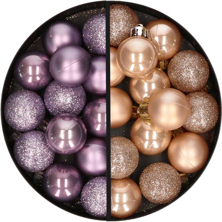 Merkloos 28x stuks kleine kunststof kerstballen lila paars en lichtbruin 3 cm Kerstbal