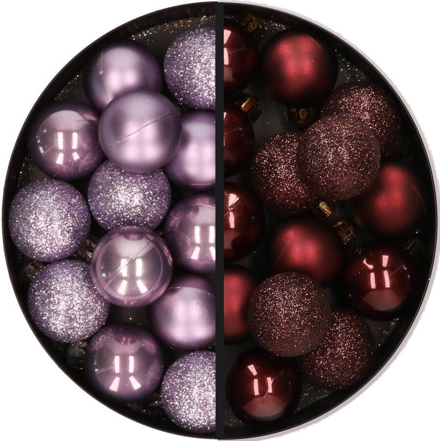 Merkloos 28x stuks kleine kunststof kerstballen lila paars en mahonie bruin 3 cm Kerstbal