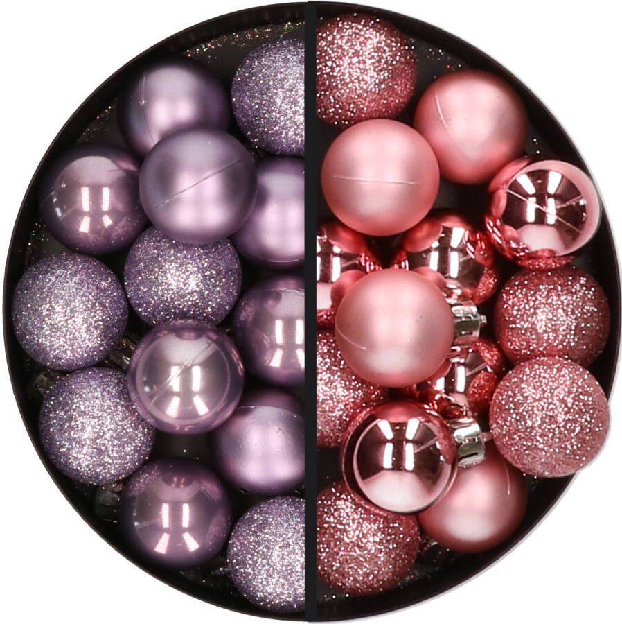 Merkloos 28x stuks kleine kunststof kerstballen lila paars en roze 3 cm Kerstbal