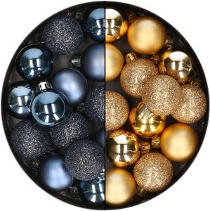 Merkloos 28x Stuks Kleine Kunststof Kerstballen Nachtblauw En Goud 3 Cm Kerstbal