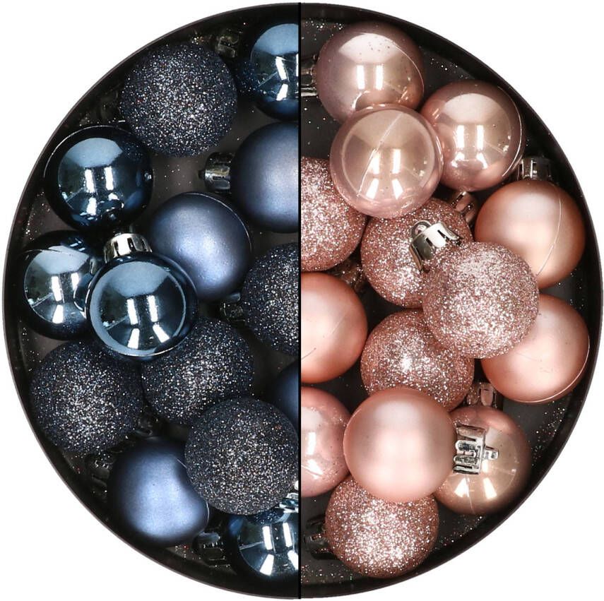 Merkloos 28x stuks kleine kunststof kerstballen nachtblauw en zacht roze 3 cm Kerstbal