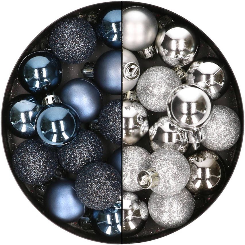 Merkloos 28x stuks kleine kunststof kerstballen nachtblauw en zilver 3 cm Kerstbal