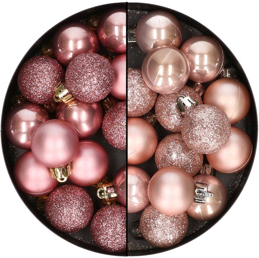 Merkloos 28x stuks kleine kunststof kerstballen oudroze en lichtroze 3 cm Kerstbal