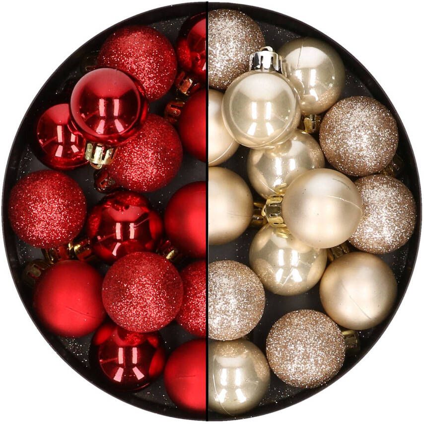 Merkloos 28x stuks kleine kunststof kerstballen rood en champagne 3 cm Kerstbal