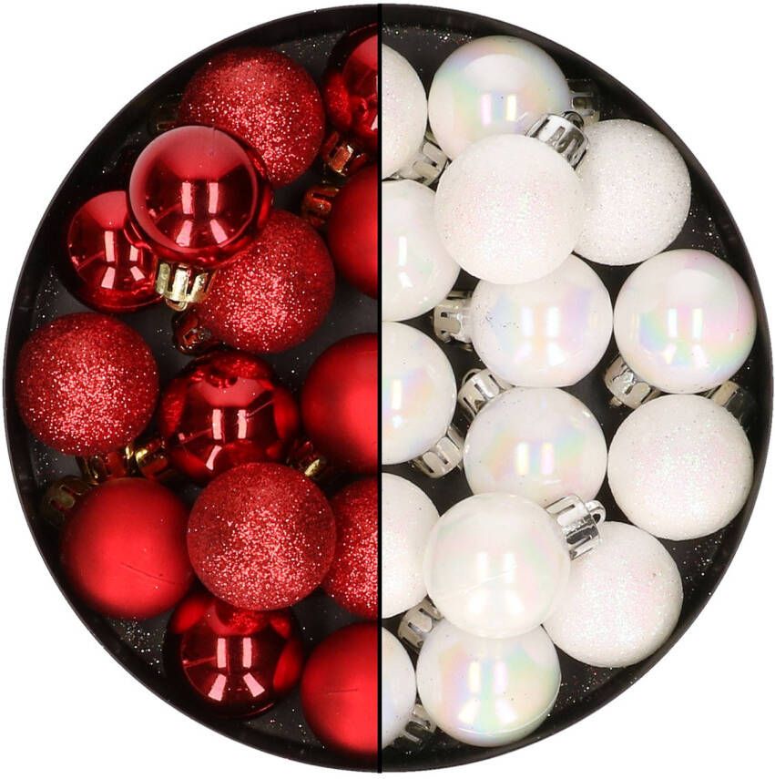 Merkloos 28x stuks kleine kunststof kerstballen rood en parelmoer wit 3 cm Kerstbal