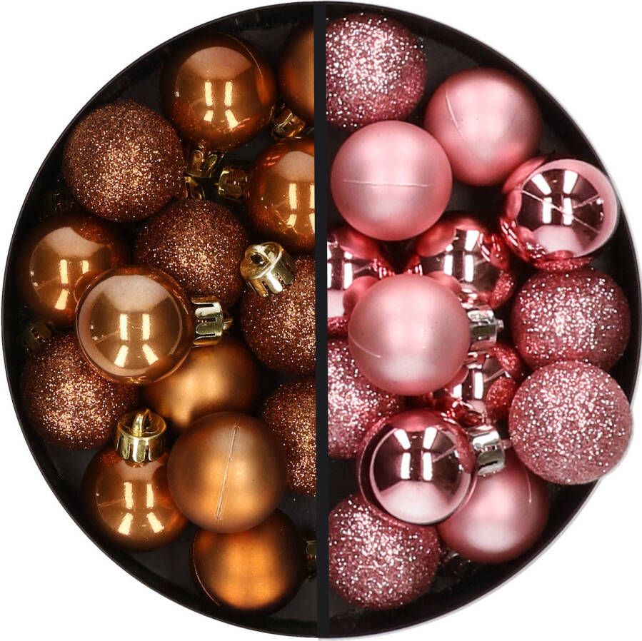 Merkloos 28x stuks kleine kunststof kerstballen roze en bruin 3 cm Kerstbal