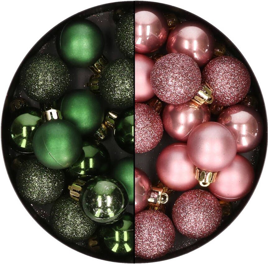 Merkloos 28x stuks kleine kunststof kerstballen velvet roze en dennengroen 3 cm Kerstbal