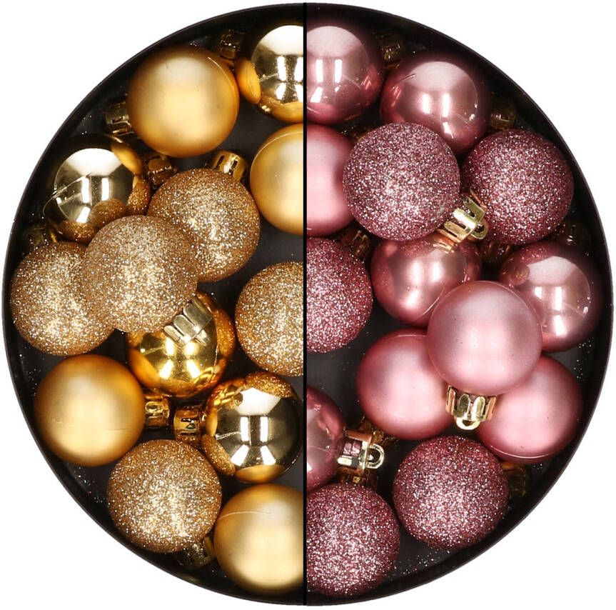 Merkloos 28x stuks kleine kunststof kerstballen velvet roze en goud 3 cm Kerstbal