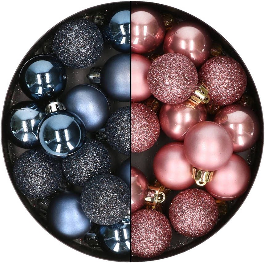 Merkloos 28x stuks kleine kunststof kerstballen velvet roze en nachtblauw 3 cm Kerstbal