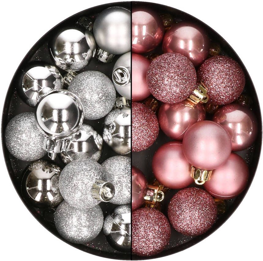 Merkloos 28x stuks kleine kunststof kerstballen velvet roze en zilver 3 cm Kerstbal