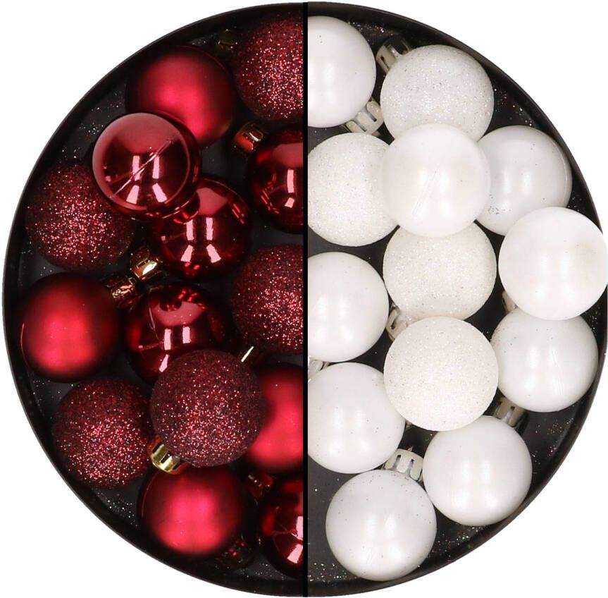 Merkloos 28x stuks kleine kunststof kerstballen wit en bordeaux rood 3 cm Kerstbal