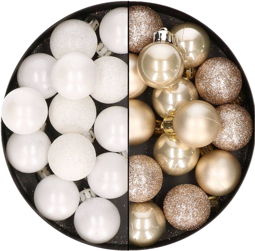 Merkloos 28x stuks kleine kunststof kerstballen wit en champagne 3 cm Kerstbal