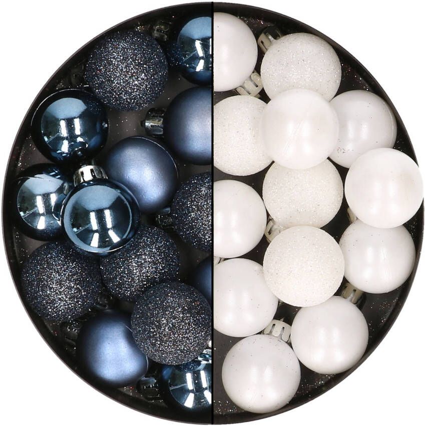 Merkloos 28x stuks kleine kunststof kerstballen wit en nachtblauw 3 cm Kerstbal