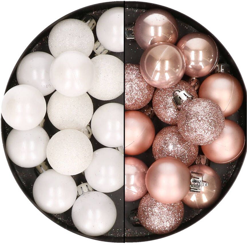 Merkloos 28x stuks kleine kunststof kerstballen wit en zachtroze 3 cm Kerstbal