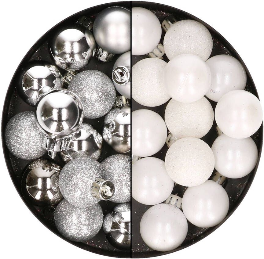 Merkloos 28x stuks kleine kunststof kerstballen wit en zilver 3 cm Kerstbal